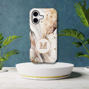 Elegant Monogram Brown Gold Marble Abstract Design iPhone 16 Plus Case