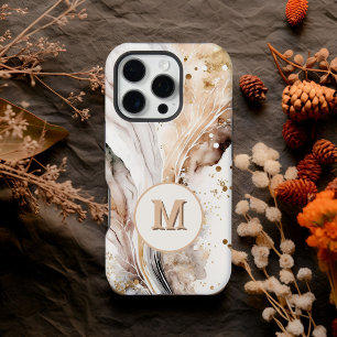 Elegant Monogram Brown Gold Marble Abstract Design iPhone 16 Pro Case