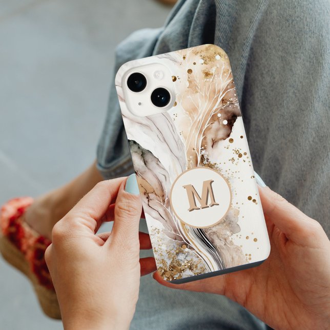 Elegant Monogram Brown Gold Marble Abstract Design iPhone Case (Creator Uploaded)