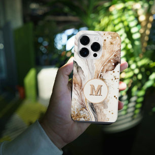 Elegant Monogram Brown Gold Marble Abstract Design iPhone 14 Pro Case