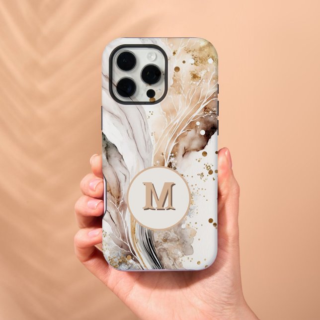 Elegant Monogram Brown Gold Marble Abstract Design iPhone Case (Creator Uploaded)