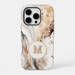 Elegant Monogram Brown Gold Marble Abstract Design iPhone 16 Pro Case
