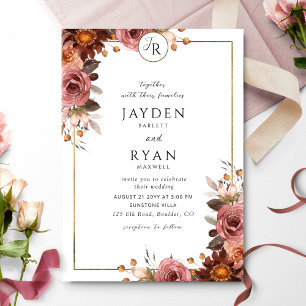 Elegant Monogram Burgundy and Blush Wedding Invitation