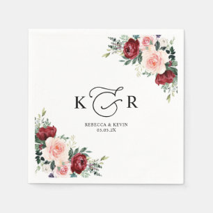 Elegant Monogram Burgundy Blush Floral Napkin