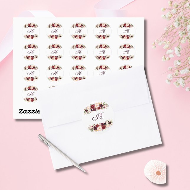 Elegant Monogram Burgundy Blush Rose Floral Wreath Classic Round Sticker (Creator Uploaded)