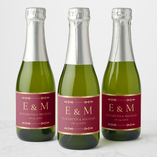 Elegant Monogram Burgundy Red Save the Date Mini Sparkling Wine Label (Bottles)