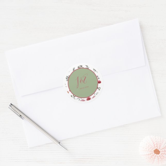Elegant Monogram Burgundy Roses & Sage Green Classic Round Sticker (Envelope)
