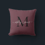 Elegant Monogram Burgundy Script Names Wedding Cushion<br><div class="desc">Chic monogrammed keepsake pillow with your names and monogram in white elegant handwritten script calligraphy and black modern typography on a burgundy background. Simply add your names and monogram. Exclusively designed for you by Happy Dolphin Studio. If you need any help or matching products, please contact us at happydolphinstudio@outlook.com. We're...</div>
