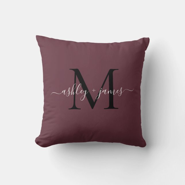 Elegant Monogram Burgundy Script Names Wedding Cushion (Front)