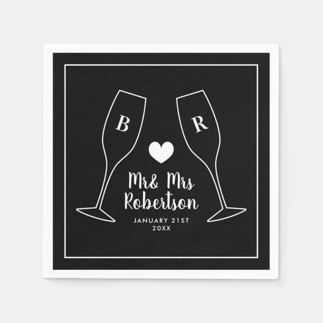 Elegant monogram champagne glasses wedding party napkin (Front)