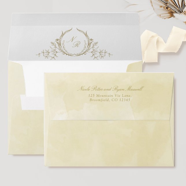 Elegant Monogram Champagne Watercolor Wedding Envelope (Creator Uploaded)
