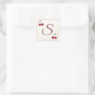 Elegant Monogram Cherry Motif Scalloped Square Sticker