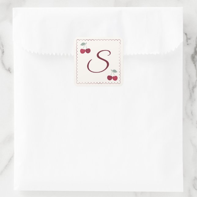 Elegant Monogram Cherry Motif Scalloped Square Sticker (Bag)