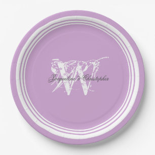 Elegant Monogram Chic Mauve And White Wedding Paper Plate