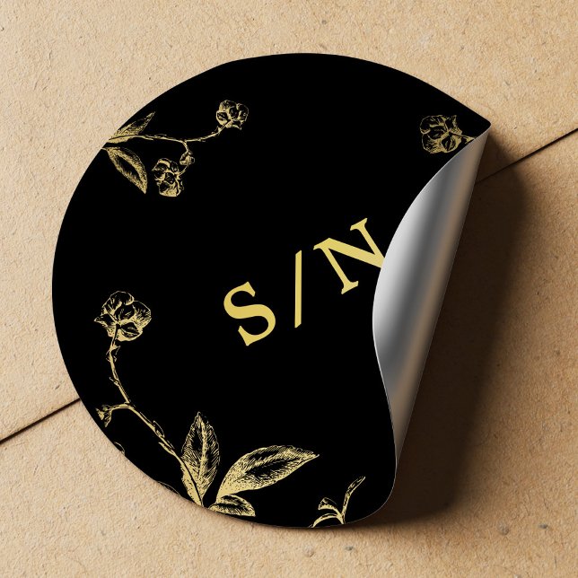 Elegant monogram chic modern gold black wedding classic round sticker (Creator Uploaded)