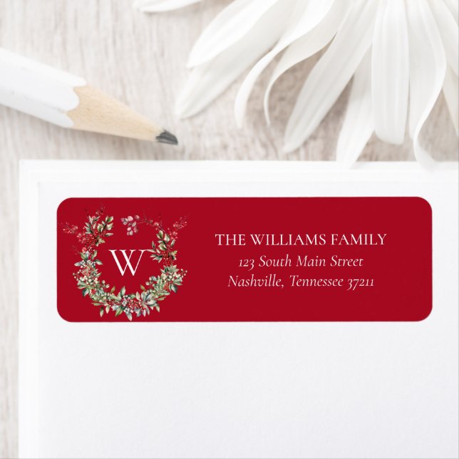 Elegant Monogram Christmas Holiday Wreath Address Return Address Label (Insitu)