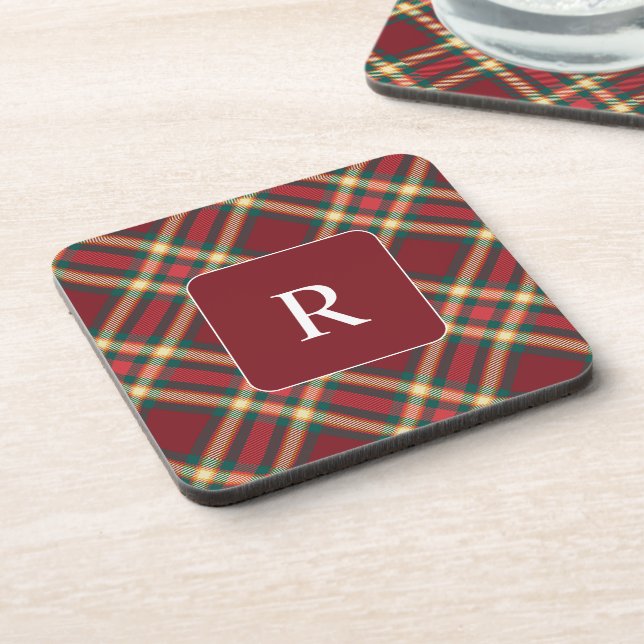 Elegant Monogram Christmas Plaid Pattern Coaster (Left Side)