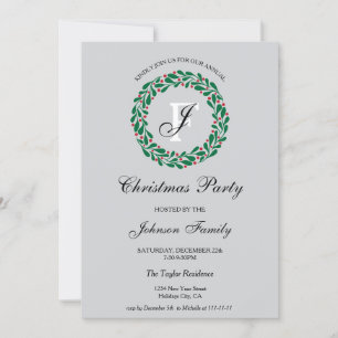 Elegant Monogram Christmas Wreath Dinner Party Invitation