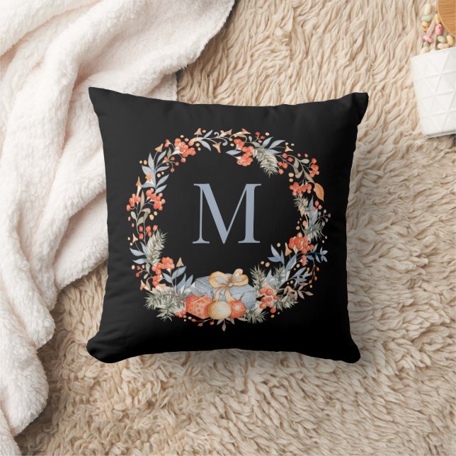 Elegant Monogram Christmas Wreath Dusty Blue Cushion (Blanket)