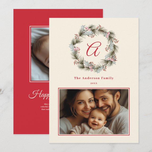 Elegant Monogram Christmas Wreath Family Photo Holiday Card (Front/Back)