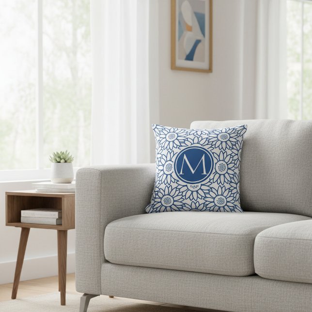Elegant Monogram Classic Blue Sunflower Cushion (Creator Uploaded)