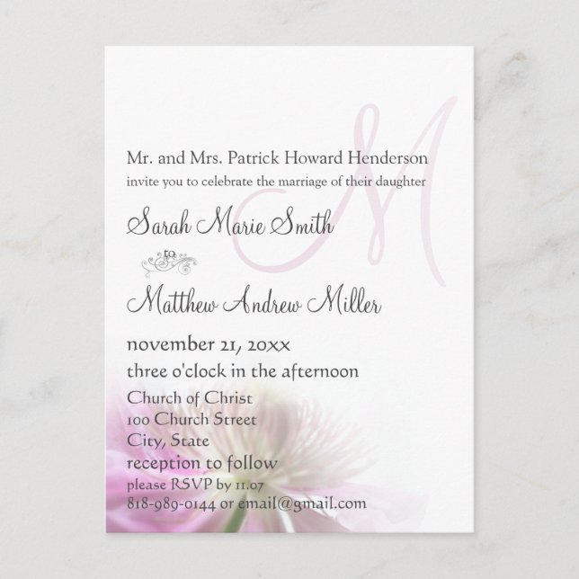 Elegant Monogram Clematis Wedding Invitation Postcard (Front)