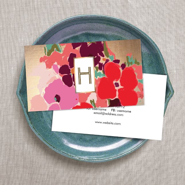 Elegant Monogram, Colourful Floral, Gold Business Card (Creator Uploaded)