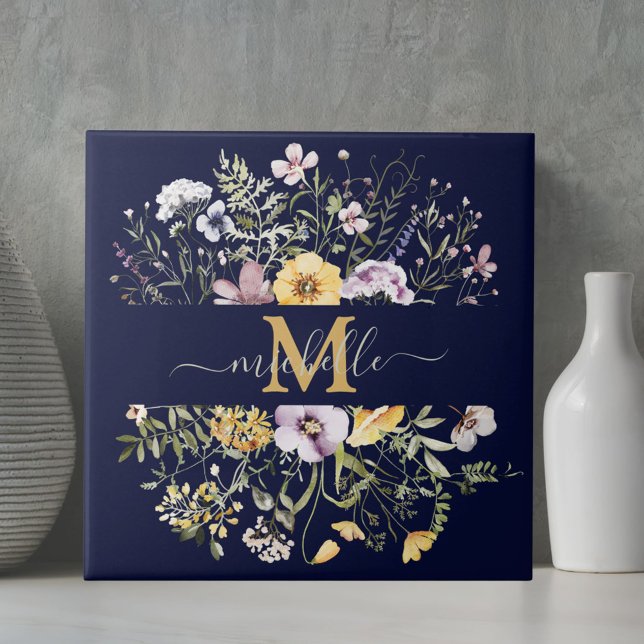 Elegant Monogram Colourful Wildflower Garden Flora Ceramic Tile (Close up)