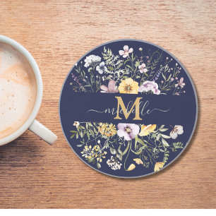 Elegant Monogram Colourful Wildflower Garden Flora Coaster