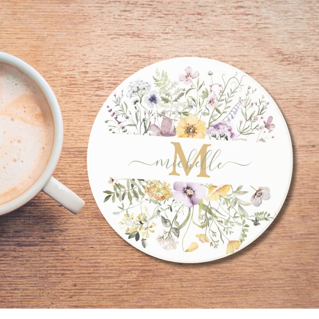 Elegant Monogram Colourful Wildflower Garden Flora Coaster (In situ)