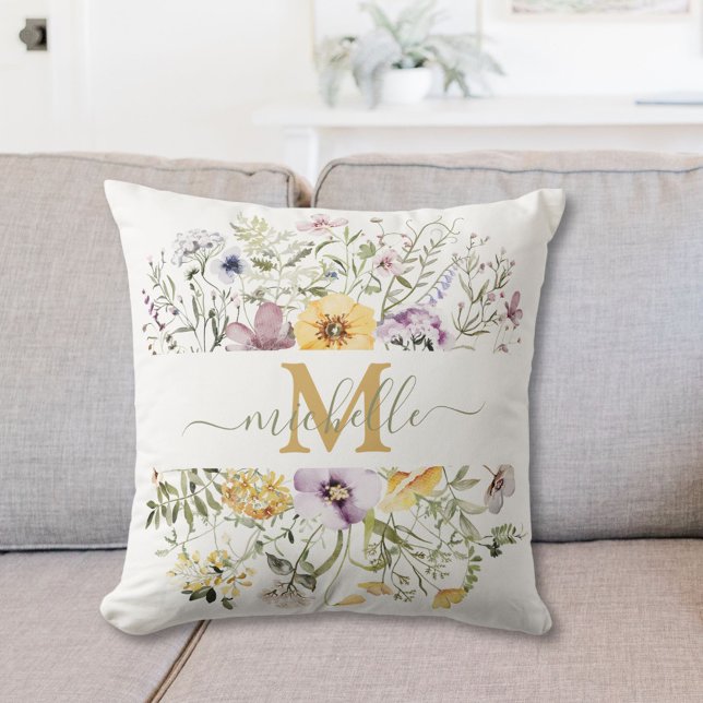Elegant Monogram Colourful Wildflower Garden Flora Cushion (In situ)