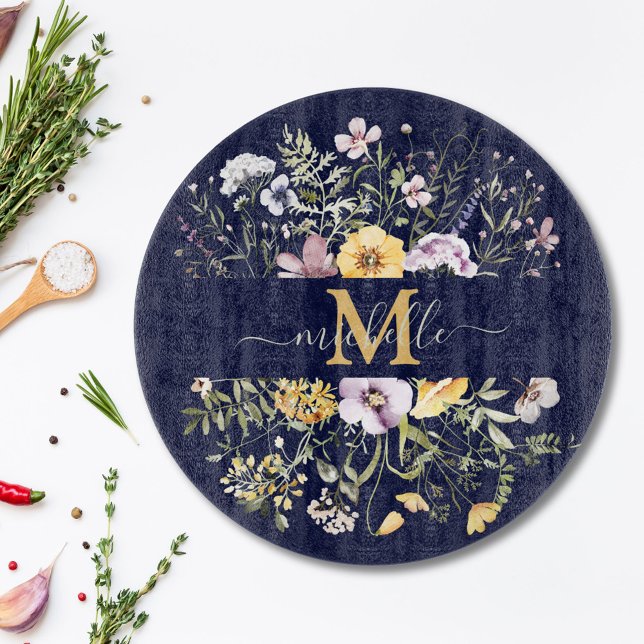 Elegant Monogram Colourful Wildflower Garden Flora Cutting Board (In situ)