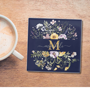 Elegant Monogram Colourful Wildflower Garden Flora Glass Coaster