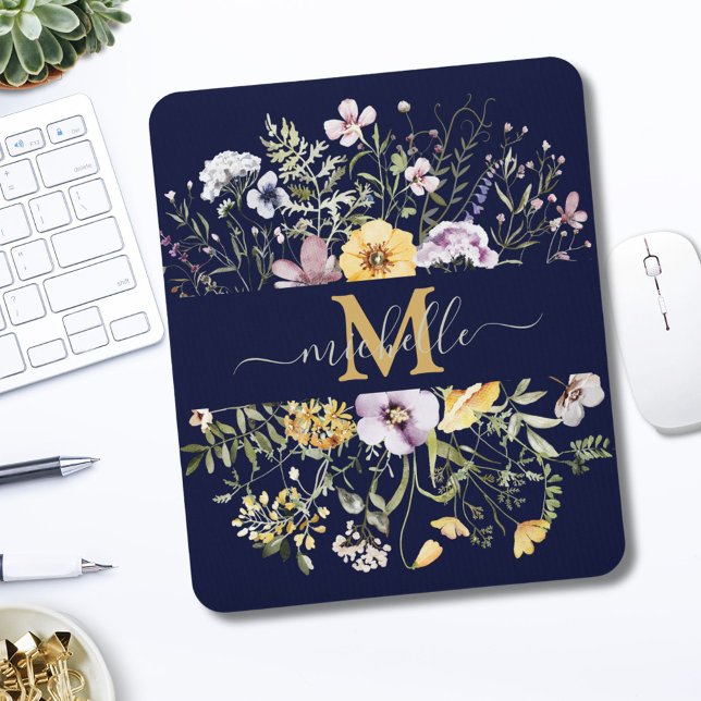 Elegant Monogram Colourful Wildflower Garden Flora Mouse Pad (In situ)