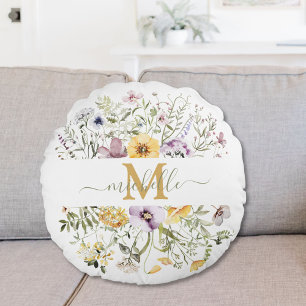 Elegant Monogram Colourful Wildflower Garden Flora Round Cushion