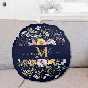 Elegant Monogram Colourful Wildflower Garden Flora Round Cushion