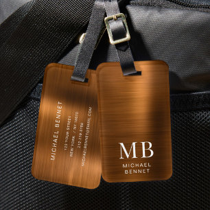 Elegant Monogram Copper Brown Brushed Metallic Luggage Tag