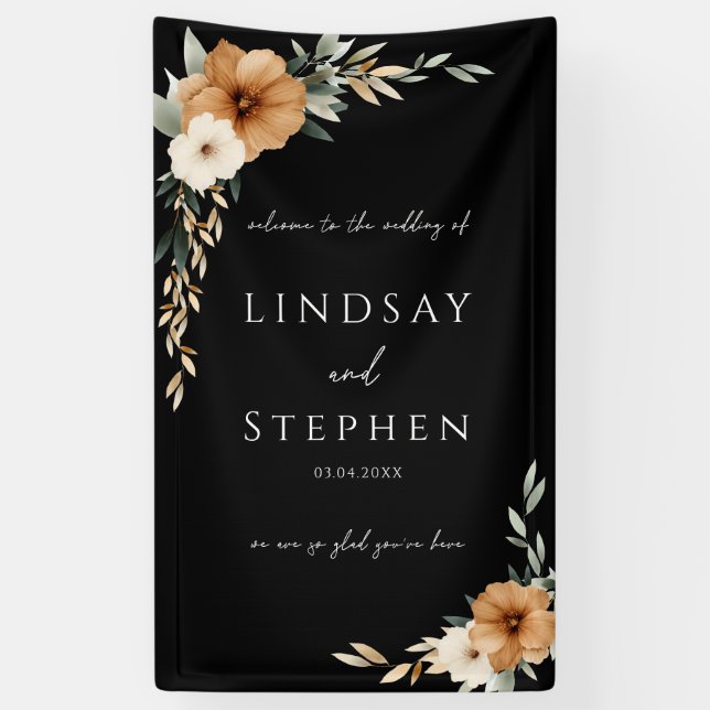 Elegant Monogram Copper Earthy Black Wedding Banner (Vertical)