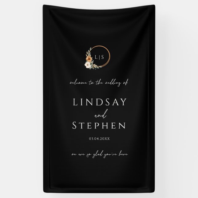 Elegant Monogram Copper Earthy Black Wedding Banner (Vertical)