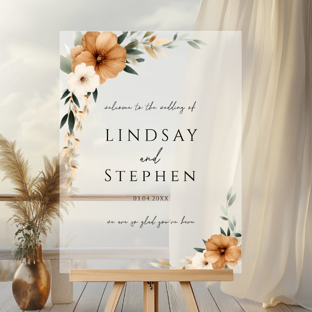 Elegant Monogram Copper Earthy White Wedding Acrylic Sign (Custom Elegant Monogram Copper Earthy Botanical Wedding Acrylic Sign with your Names & Date)