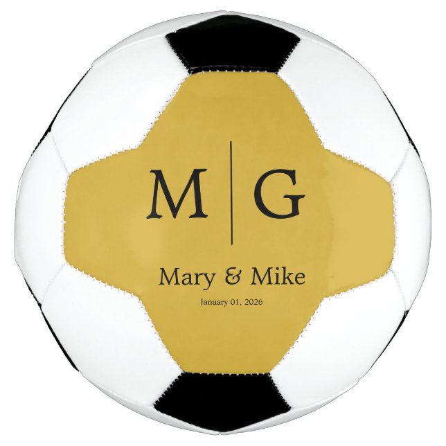 Elegant Monogram Couple Name Metallic Gold Soccer Ball (Front)