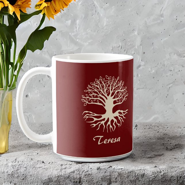 Elegant Monogram Cream Tree of Life on Burgundy  Coffee Mug (Creator Uploaded)