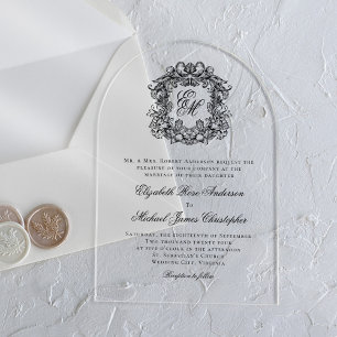 Elegant Monogram Crest Arch Wedding Acrylic Invitations