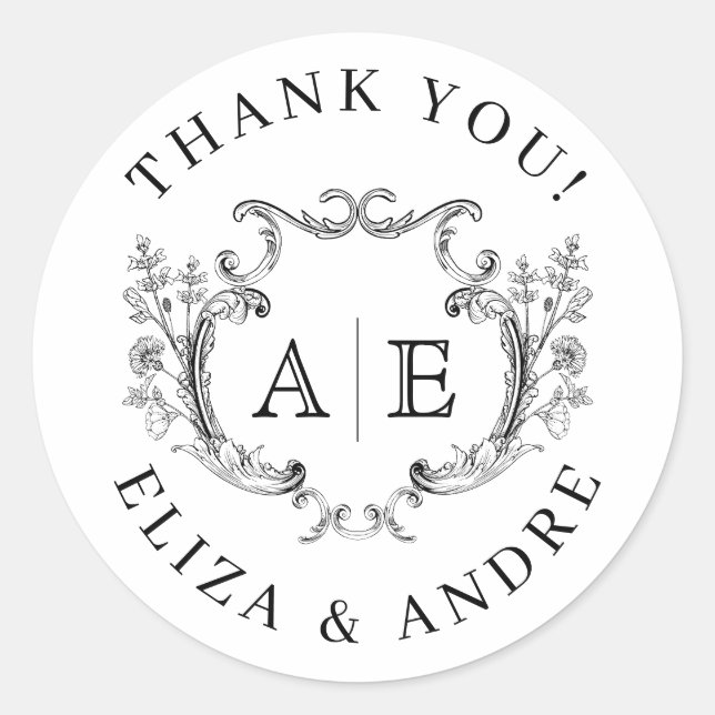 Elegant Monogram Crest Black and White Wedding  Classic Round Sticker (Front)
