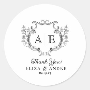 Elegant Monogram Crest Black and White Wedding Classic Round Sticker