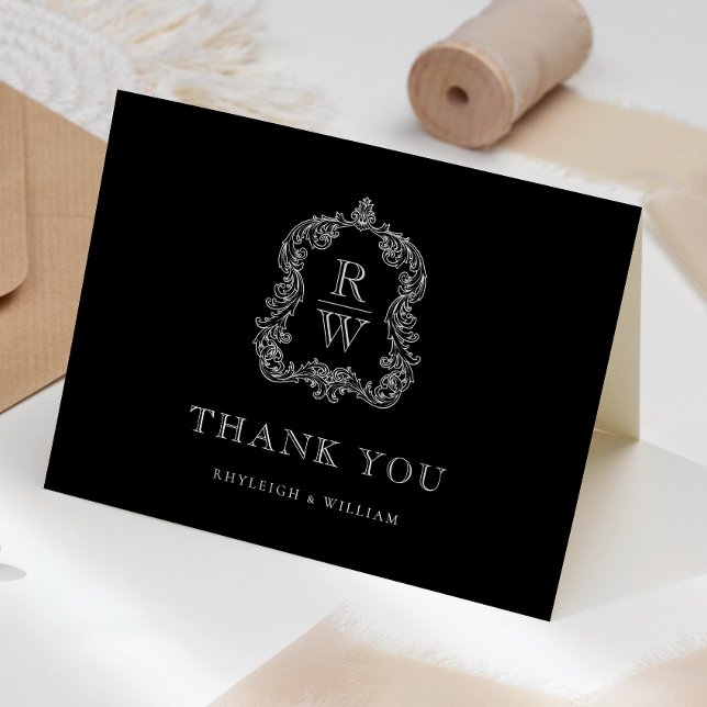 Elegant Monogram Crest Black and White Wedding Thank You Card (Creator Uploaded)