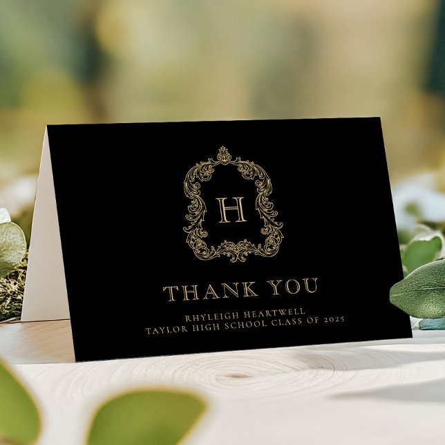 Elegant Monogram Crest Black Gold Graduation Thank You Card (Creator Uploaded)