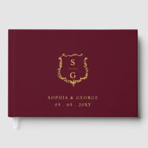 Elegant Monogram Crest Burgundy and Gold Wedding Guest Book