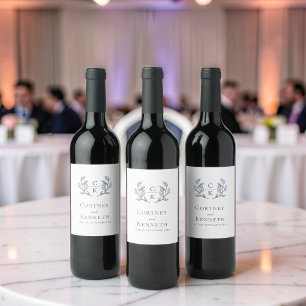 Elegant Monogram Crest Dusty Blue Wedding Decor Wine Label