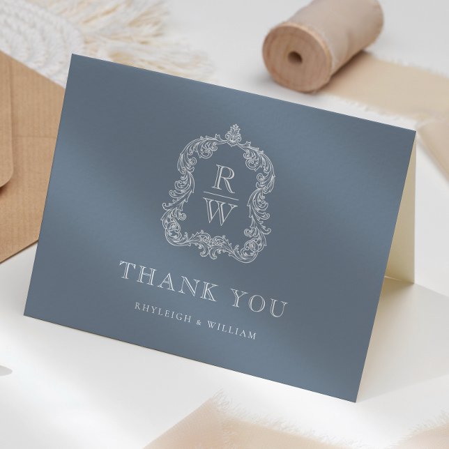Elegant Monogram Crest Dusty Blue Wedding Thank You Card (Creator Uploaded)